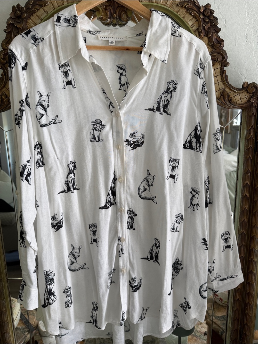 White Button-Down Top with Black Dog Print
